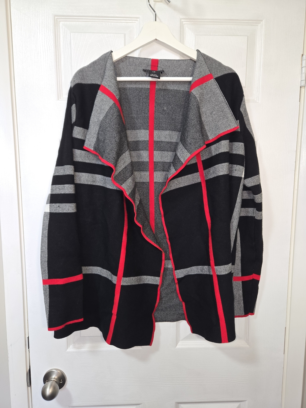 Open-Front Black & Gray Striped Cardigan with Pink Accents